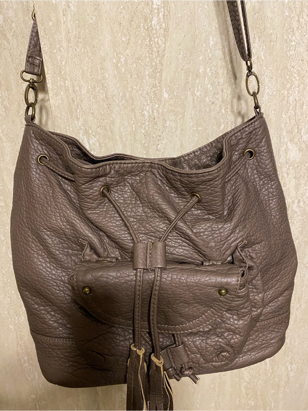 Under One Sky Taupe-Brown Pebbled Leather Drawstring